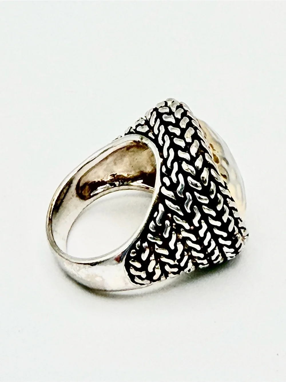 Vintage Hammered Sterling & Gold Vermeil Braided Rope Setting & Sides Ring